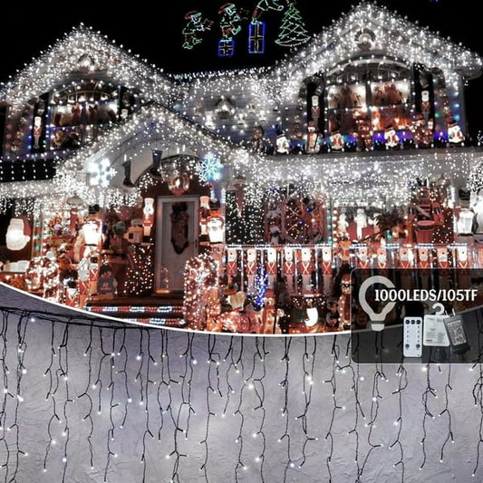 Cheelom Fairy String Party Decoration Lights Christmas Icicle Lights Outdoor Indoor 105ft 1000 Led 8 Modes with 50 Drops Plug In Waterproof Timer Memory Function Clearance Sales