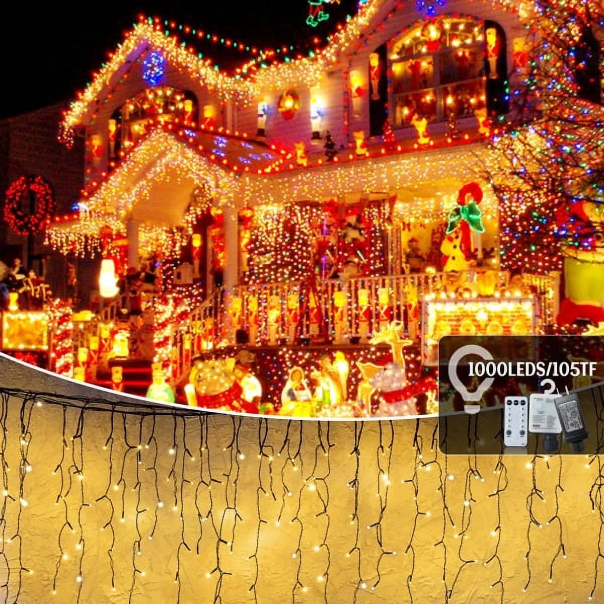 Cheelom Fairy String Party Decoration Lights Christmas Icicle Lights Outdoor Indoor 105ft 1000 Led 8 Modes with 50 Drops Plug In Waterproof Timer Memory Function Clearance Sales