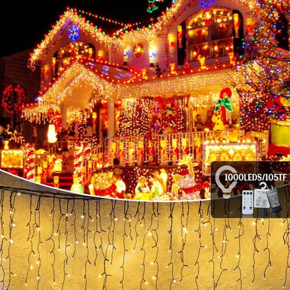Cheelom Fairy String Party Decoration Lights Christmas Icicle Lights Outdoor Indoor 105ft 1000 Led 8 Modes with 50 Drops Plug In Waterproof Timer Memory Function Clearance Sales