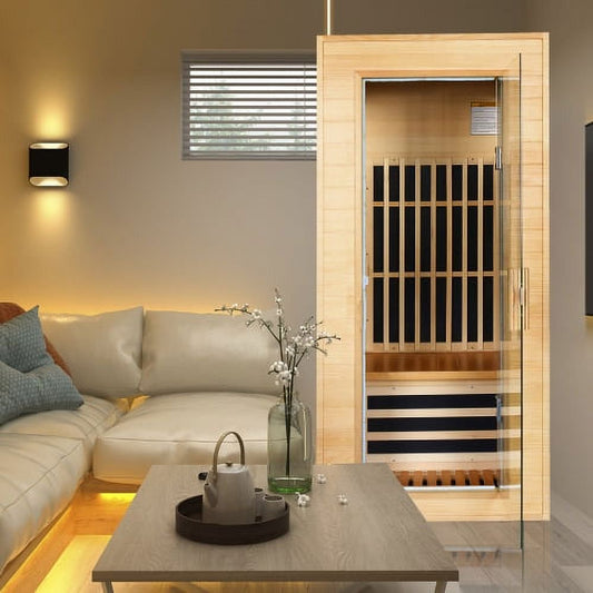 Cheelom Single Sauna Room Far Infrared Wooden Sauna Room Infrared Sauna for Home Hemlock Indoor Sauna Spa with Time Temp Pre-Set and Dual Audio Bluetooth