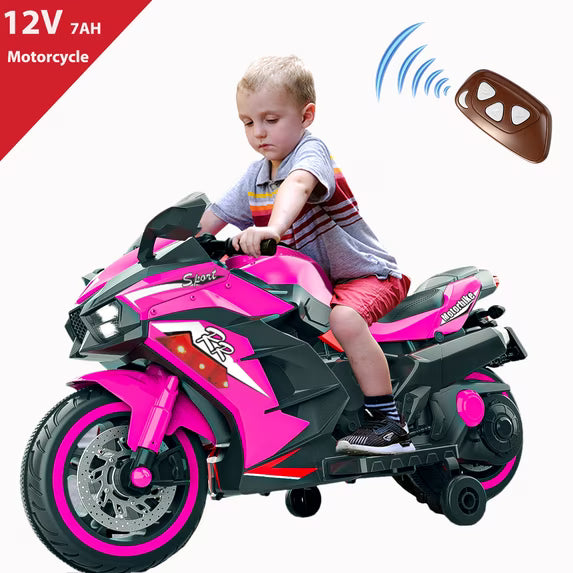 HNH 12V Electric Motorcycle for Kids, Powered Ride on Toys, 3 Wheels Motorcycle with LED Lights, Bluetooth Music