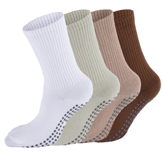 YOMYM Pilates Socks for Women with Non Slip Grippers,Yoga Crew Socks for Barre Hospital Sticky Slipper Socks 4 Pairs