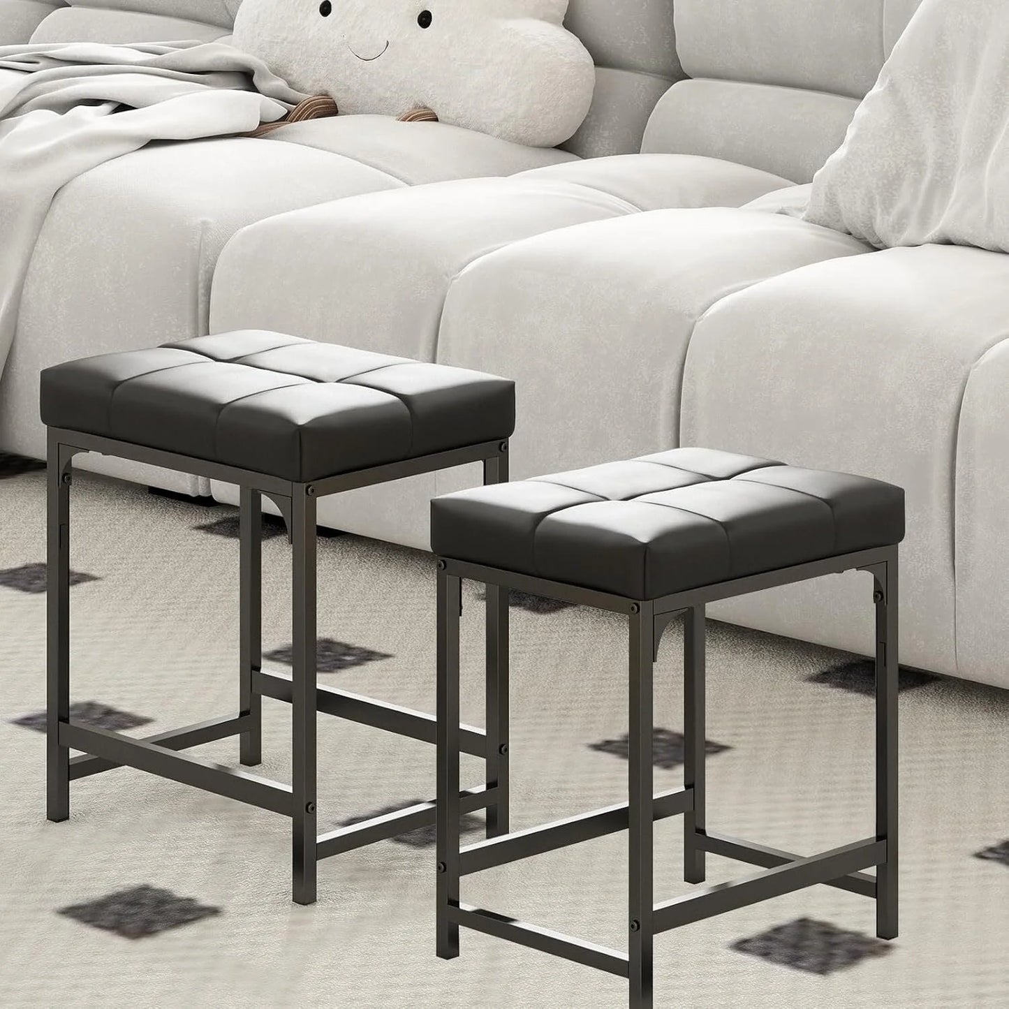 Cheelom 2 Pack Vanity Stool Chair, Makeup Stool, 18 Inch Ottoman Footrest with Cushion, Faux Leather Vanity Stool Black