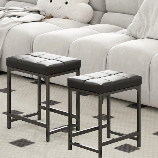Cheelom 2 Pack Vanity Stool Chair, Makeup Stool, 18 Inch Ottoman Footrest with Cushion, Faux Leather Vanity Stool Black
