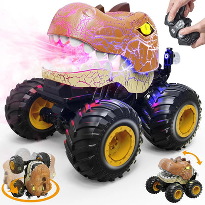 Dinosaur Remote Control Car, Monster Truck Toys with Spray, 360°Rotating Stunt Toys Cars with Lights and Sound, Monster Truck Rechargeable Toys for 3-12 Year Boys & Girls