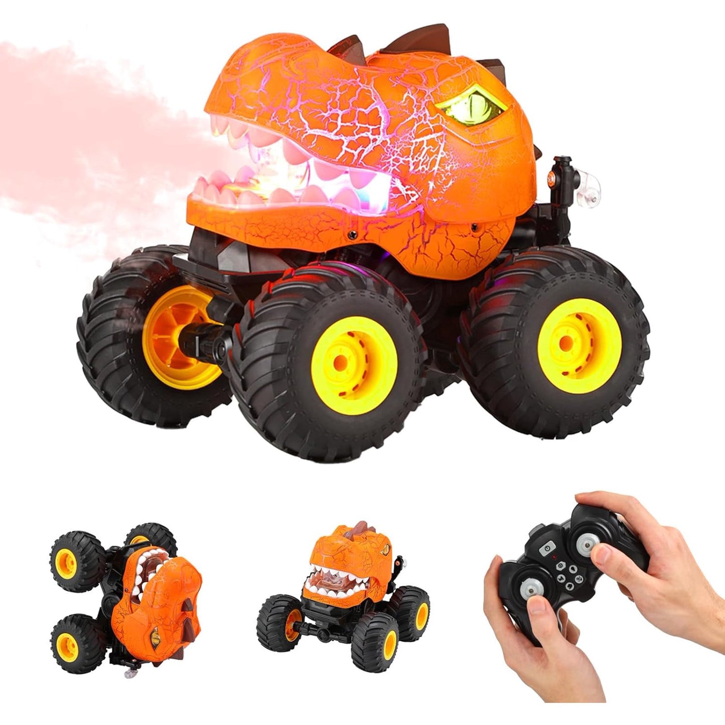HNH Monster Truck for Kid Xmas Gift, Dinosaur Remote Control Car for Boy 3-12, RC Stunt Car with Spray, Light, All Terrain Dinosaur Toy RC Truck