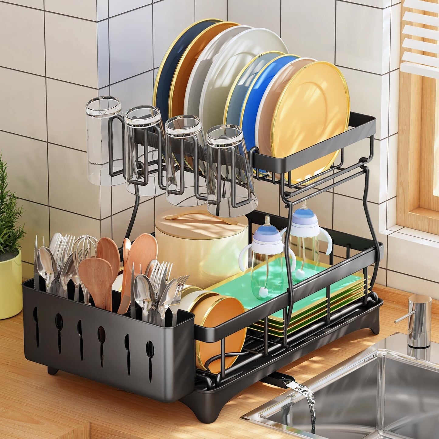 Dish Drying Rack, 2-Tier Kitchen Dish Racks with Drainboard, Dish Drainer Set for Kitchen Counter with Utensil Holder, Black