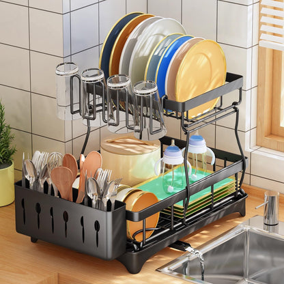 Dish Drying Rack, 2-Tier Kitchen Dish Racks with Drainboard, Dish Drainer Set for Kitchen Counter with Utensil Holder, Black