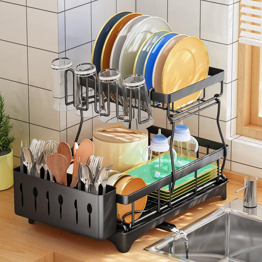 Dish Drying Rack, 2-Tier Kitchen Dish Racks with Drainboard, Dish Drainer Set for Kitchen Counter with Utensil Holder, Black