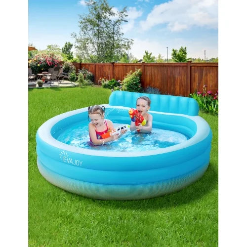EVAJOY Full-Sized Inflatable Pool Above Ground Swimming Pool with Bench 88.5'' x 85'' x 20'' Inflatable Pool for All Ages with Backrest, Ideal for Outdoor Garden Family