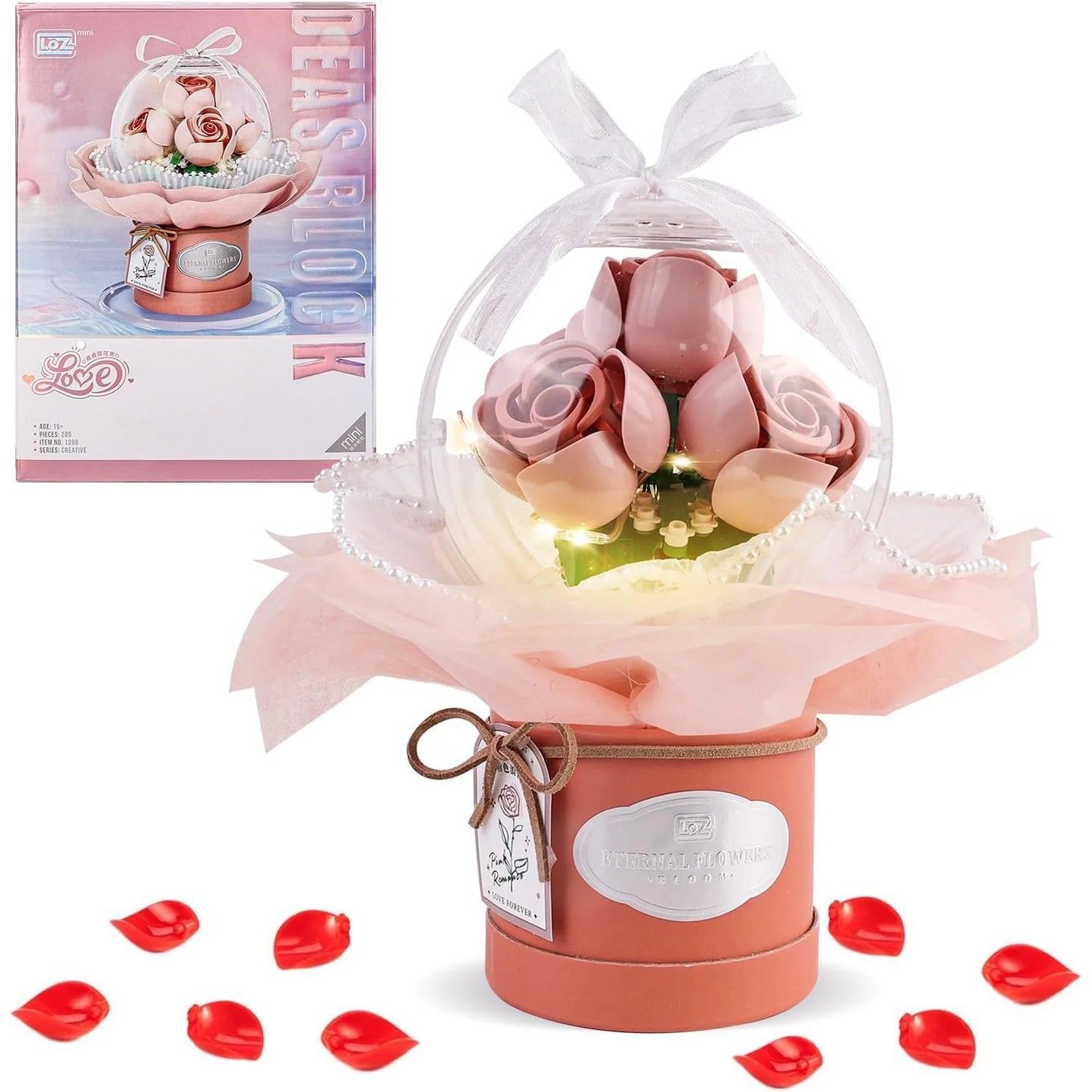 YOMYM Flower Building Kit -Building Set DIY Rose Bouquet Building Block Toy with Dust-Proof Dome