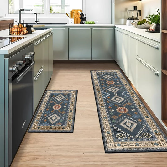 FoxHouse Kitchen Rugs 2 Piece Set,Washable Non Slips Boho Kitchen Floor Mat,Thickness Comfort Standing Mat for Kitchen,Dark Blue
