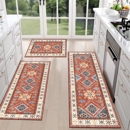 FoxHouse Boho Kitchen Rugs Sets 3 Piece with Runner Non Slip Rugs and Mats Washable Mats for Floor Thick,Floor Mat Carpet Runner Rugs for Hallway Laundry Holiday Decor