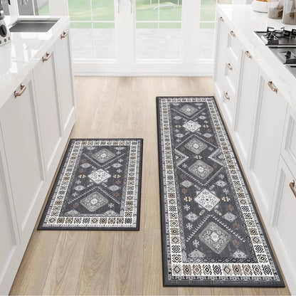 FoxHouse Kitchen Rugs 2 Piece Set,Washable Non Slips Boho Kitchen Floor Mat,Thickness Comfort Standing Mat for Kitchen,Grey