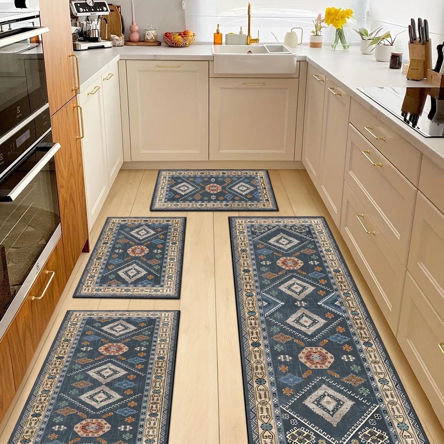 FoxHouse Kitchen Rugs 4 Piece Set,Washable Non Slips Boho Kitchen Floor Mat,Thickness Comfort Standing Mat for Kitchen,Dark Blue