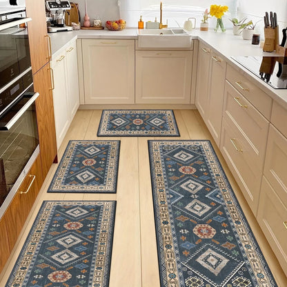 FoxHouse Kitchen Rugs 4 Piece Set,Washable Non Slips Boho Kitchen Floor Mat,Thickness Comfort Standing Mat for Kitchen,Dark Blue