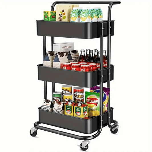 Cheelom 3-Layer Small Trolley Storage Rack, Floor-Standing, Kitchen Bathroom Bedroom Bedside Rack, Black