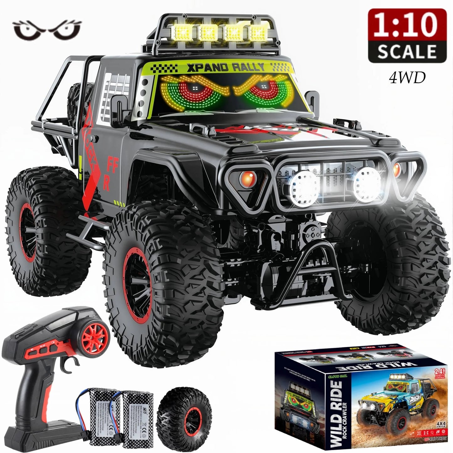 HNH 1:10 Scale 4WD Remote Control Car for Kids, 2.4GH Rc Car Off Road Monster Truck with LED Light, 2 Batteries, 25KM/H