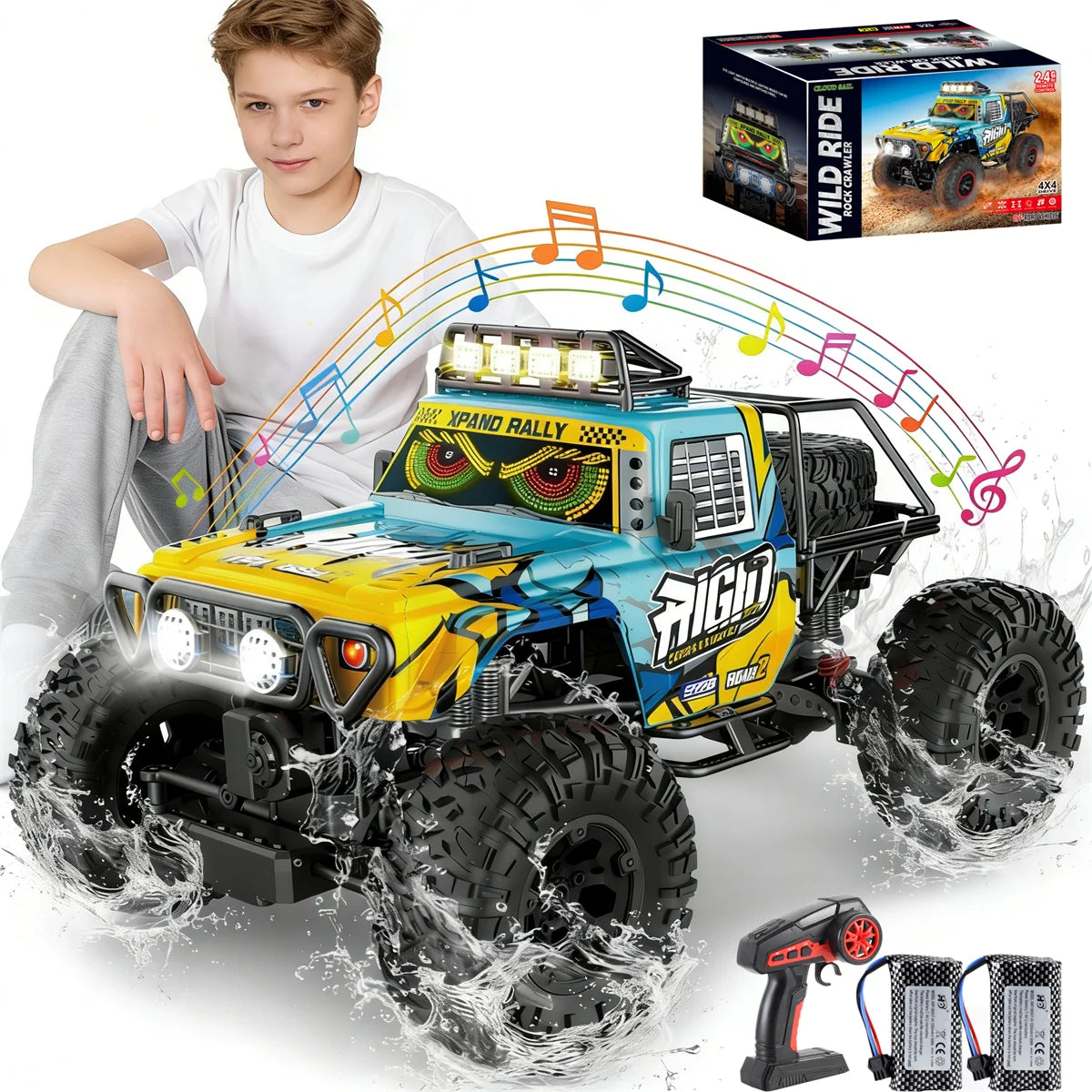 HNH 1:10 Remote Control Car Off-Road Truck for Kids, 4WD Rc Car Off Road Monster Truck with LED Light, Music, 2 Batteries