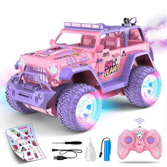 HNH 1:16 Remote Control Car for Kids, Pink Monster Truck with DIY Sticker, Colorful Wheel Light, Spray, Off Road Trucks for Girl Age 4-12 Birthday Gift