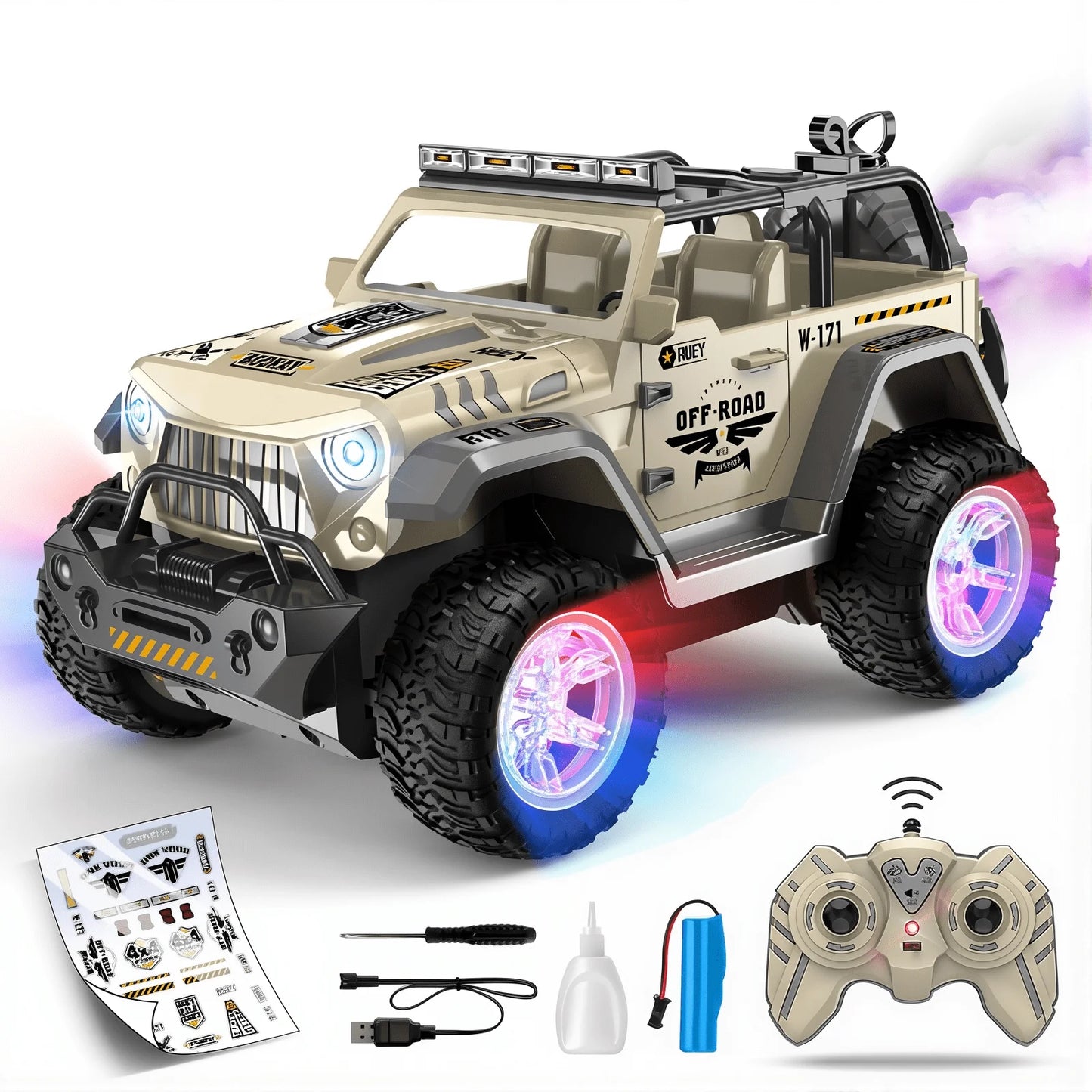 HNH 1:16 Remote Control Car, Off Road Monster Truck 2.4Ghz RC Cars with Stickers, 80 Min Play, Wheel Light, Spray