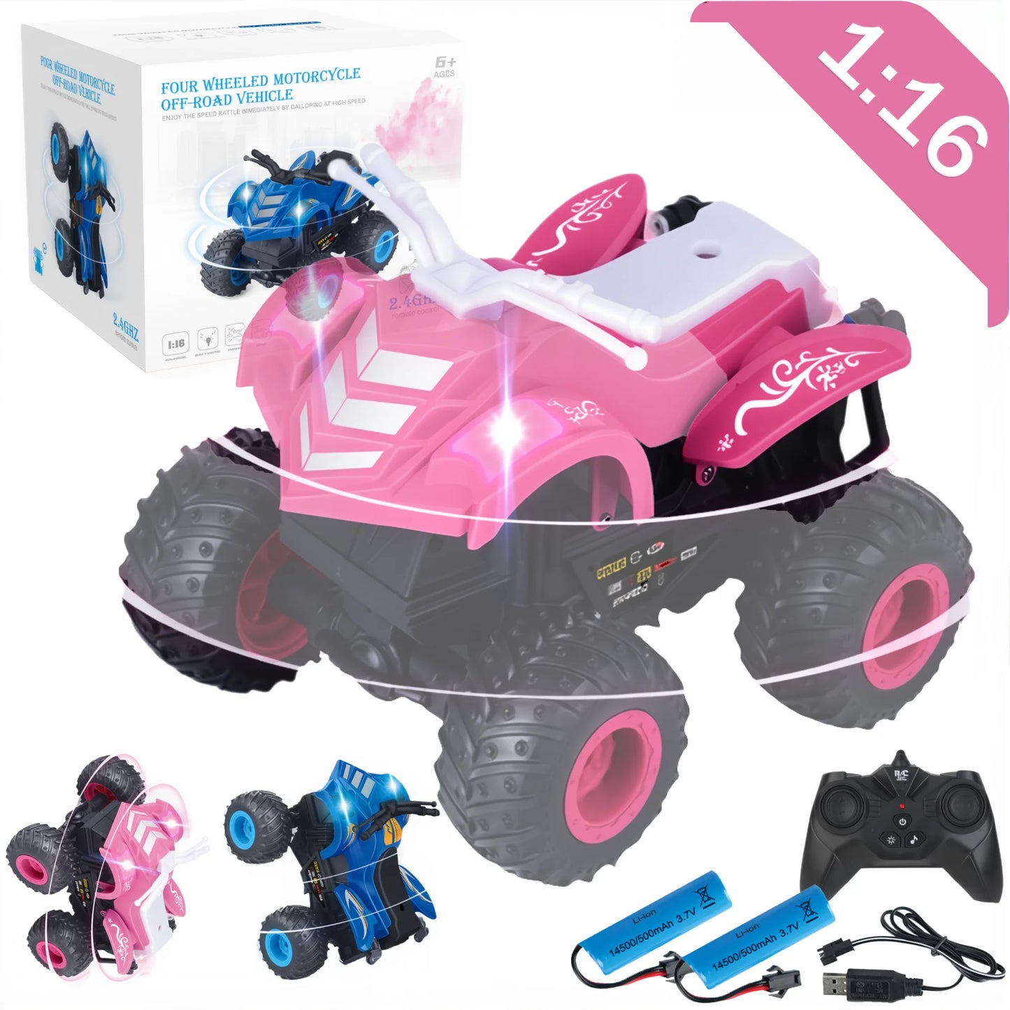 HNH 1:16 ATV RC Car for Boy and Girl, RC Monster Truck with 2 Rechargeable Batteries, Off-Road Remote Control Car Kids Toys with Lights and Music