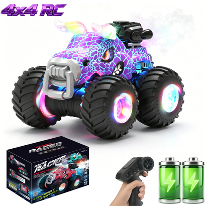 HNH 1:18 RC Monster Trucks Remote Control Car for Kids, 360°Rotating All Terrain RC Stunt Car with Light & Music, Cow-Purple