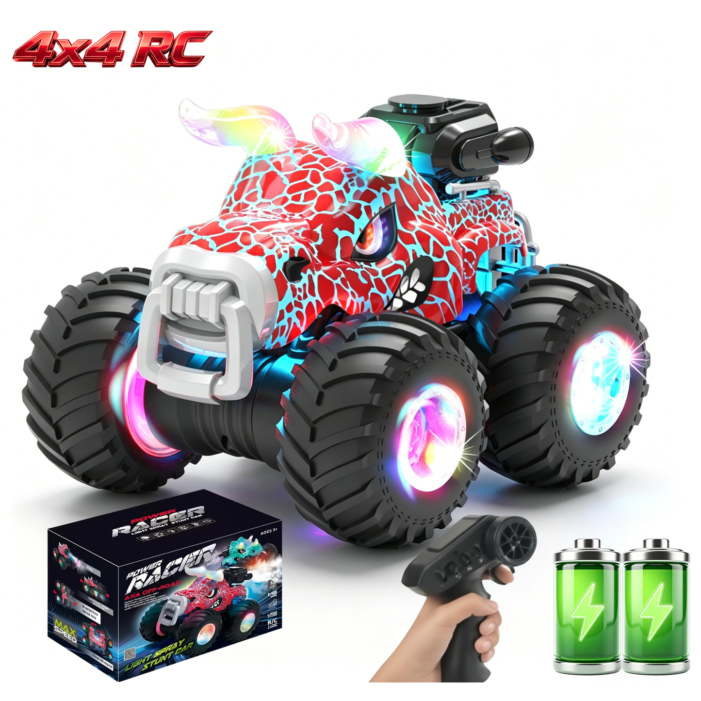 HNH 1:18 RC Monster Trucks Remote Control Car for Kids, 360°Rotating All Terrain RC Stunt Car with Light & Music, Cow-Red