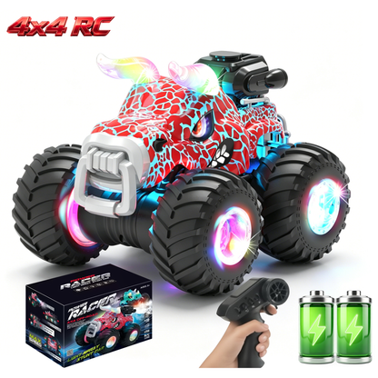 HNH 1:18 RC Monster Trucks Remote Control Car for Kids, 360°Rotating All Terrain RC Stunt Car with Light & Music, Cow-Red
