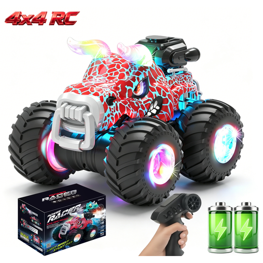 HNH 1:18 RC Monster Trucks Remote Control Car for Kids, 360°Rotating All Terrain RC Stunt Car with Light & Music, Cow-Red