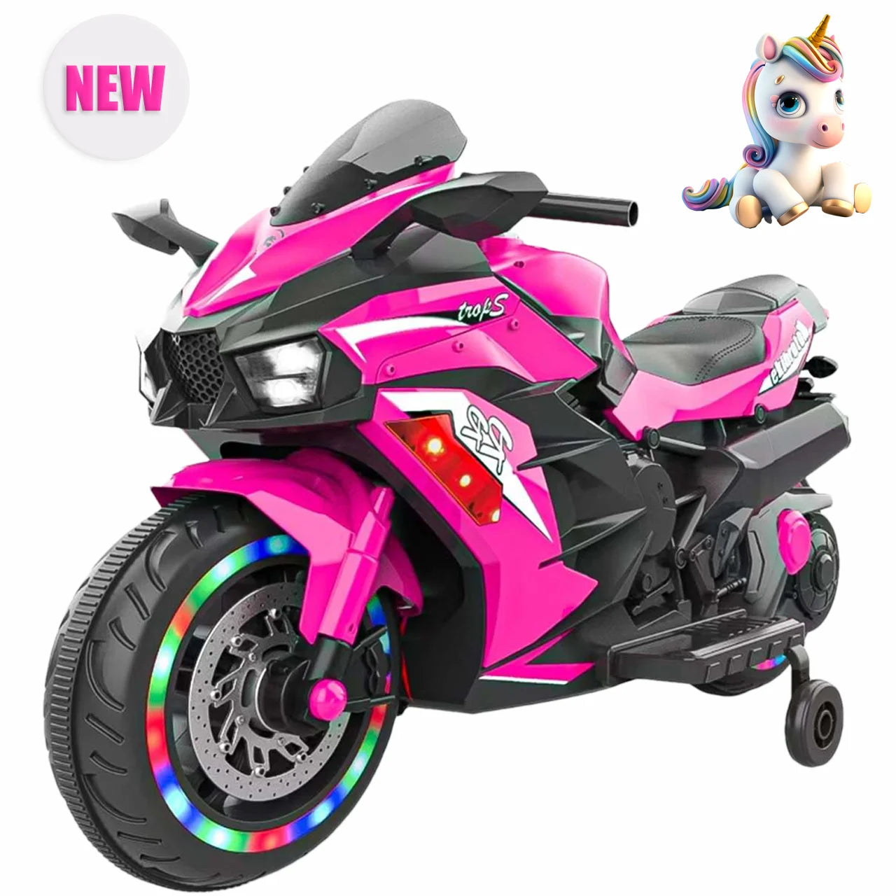 HNH 12V Ride on Motorcycle for Kids, Child Battery Powered Motorcycle with LED Lights Wheels and Bluetooth Music (Pink)