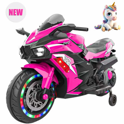 HNH 12V Ride on Motorcycle for Kids, Child Battery Powered Motorcycle with LED Lights Wheels and Bluetooth Music (Pink)