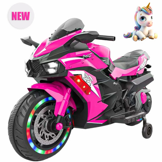 HNH 12V Ride on Motorcycle for Kids, Child Battery Powered Motorcycle with LED Lights Wheels and Bluetooth Music (Pink)