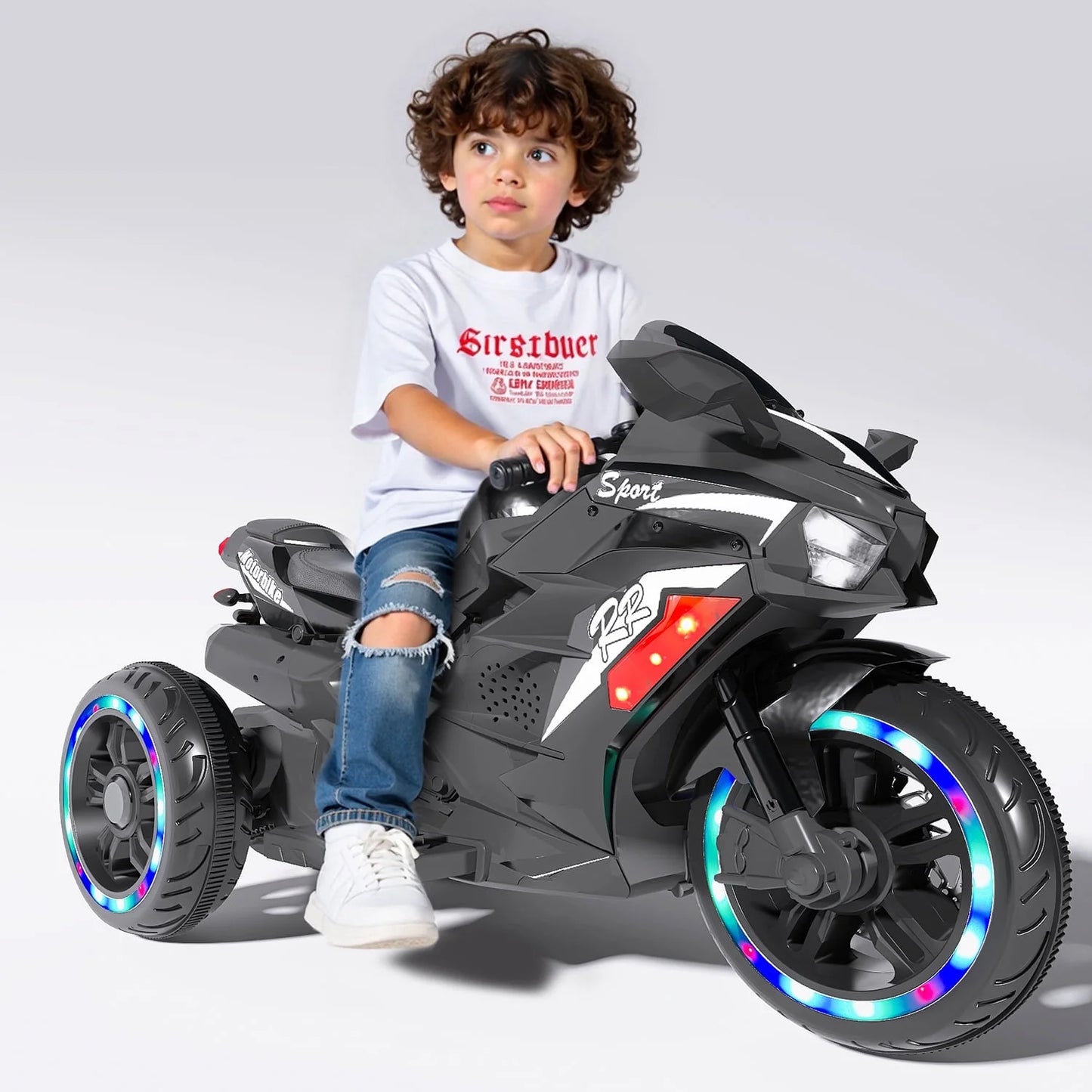 HNH 12V Ride On Motorcycle for Boy, 4Mph Battery Powered Motorcycle for Kids with LED Lights, Music, Gift for Children