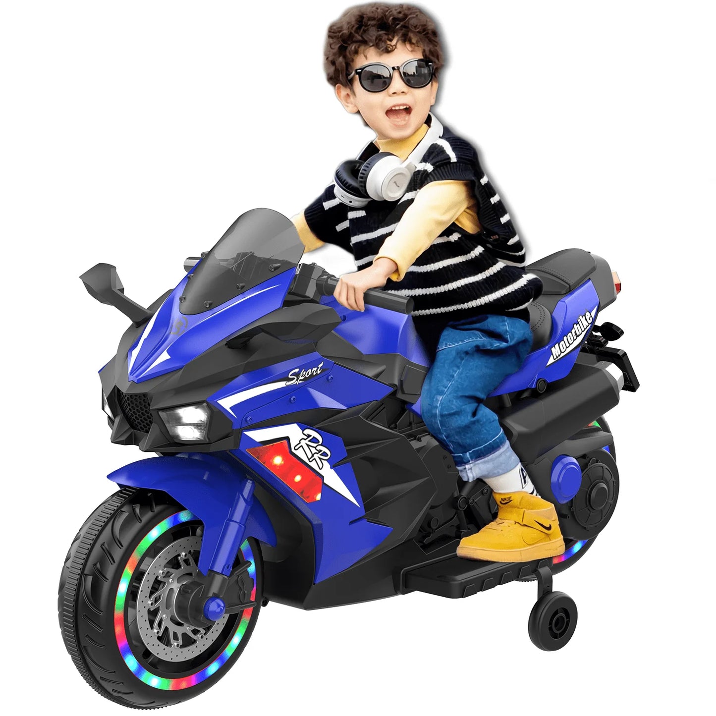 NH 12V Ride on Toys for Kids, Motorcycle with Training Wheels, Electric Motorcycle with Music, Bluetooth, Lights, Blue