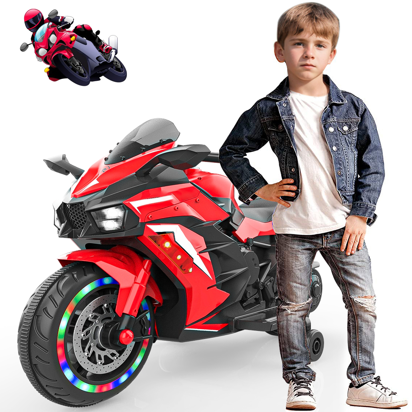 HNH 12V Ride on Motorcycle for Kids, Battery Powered Motorcycle for Child with LED Lights Wheels and Bluetooth Music (Red)
