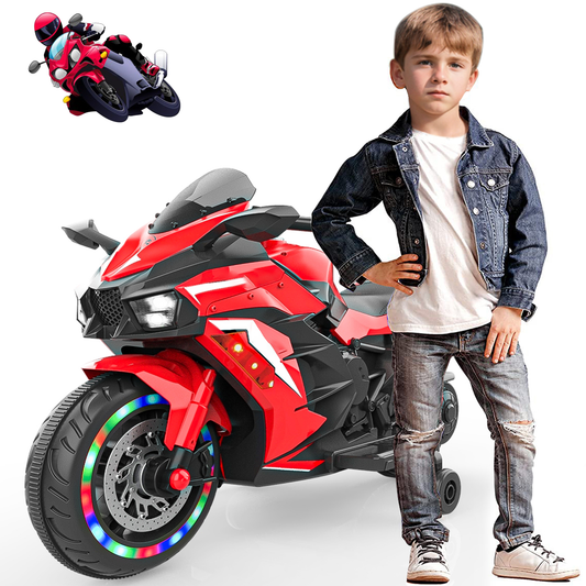 HNH 12V Ride on Motorcycle for Kids, Battery Powered Motorcycle for Child with LED Lights Wheels and Bluetooth Music (Red)
