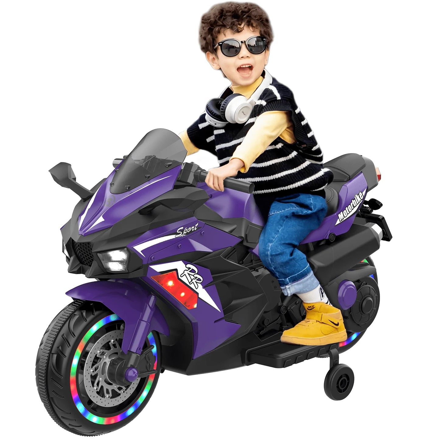 HNH 12V Ride on Toys, Kids Ride on Motorcycle, Electric Motorcycle with Training Wheels, Violet