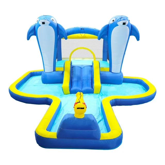 HNH 6 in1 Inflatable Water Slide Kids Bounce House With Blower Dolphin Sprinkler