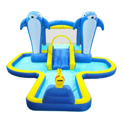 HNH 6 in1 Inflatable Water Slide Kids Bounce House With Blower Dolphin Sprinkler