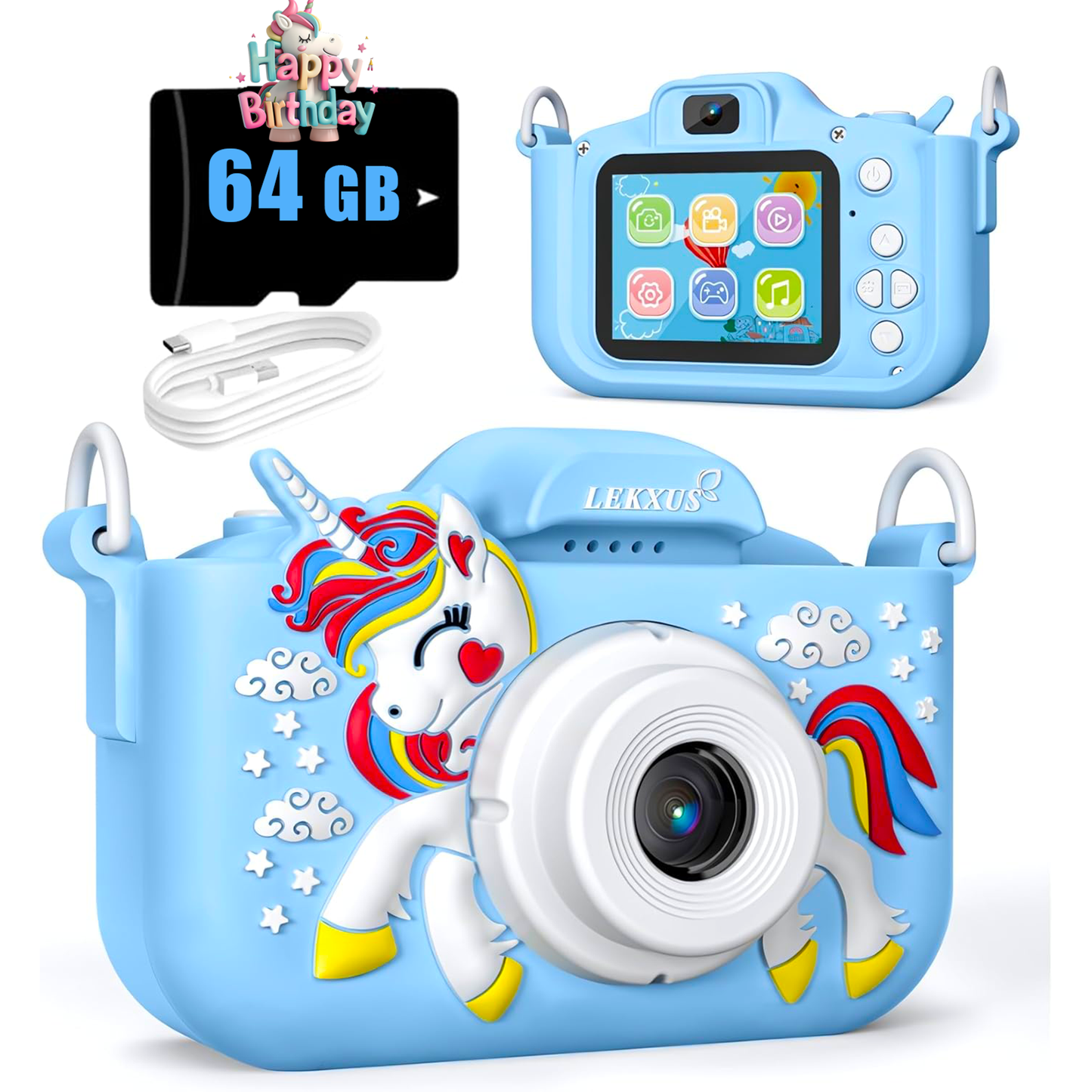 Kids Camera Toys for Girls Age 3-10, Unicorn Kids Digital Camera Toddler Camera with 64GB SD Card,1080P HD Video Camera Children Birthday Gifts-Blue
