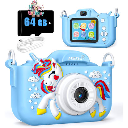 Kids Camera Toys for Girls Age 3-10, Unicorn Kids Digital Camera Toddler Camera with 64GB SD Card,1080P HD Video Camera Children Birthday Gifts-Blue