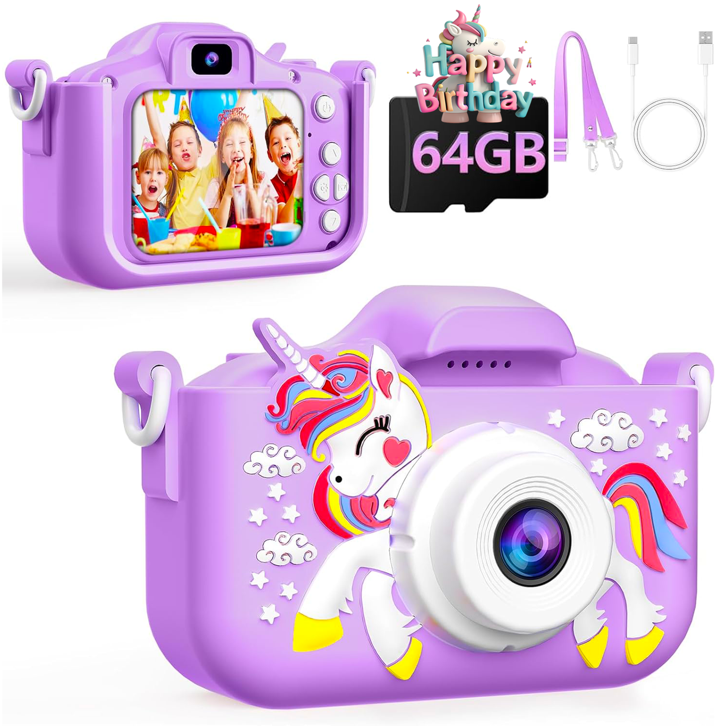1080P Kids Camera for Girls, Portable Toddler Digital Selfie Camera with 64G SD Card and Cute Protective Cover, Christmas Birthday Gifts Toys for 3-10 Years Kids