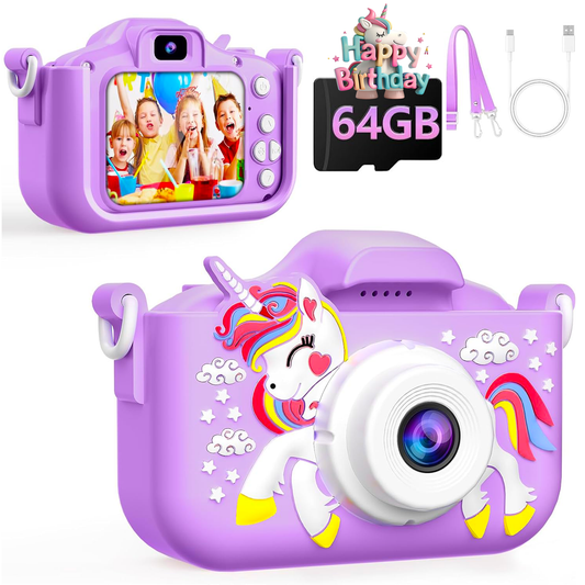 1080P Kids Camera for Girls, Portable Toddler Digital Selfie Camera with 64G SD Card and Cute Protective Cover, Christmas Birthday Gifts Toys for 3-10 Years Kids