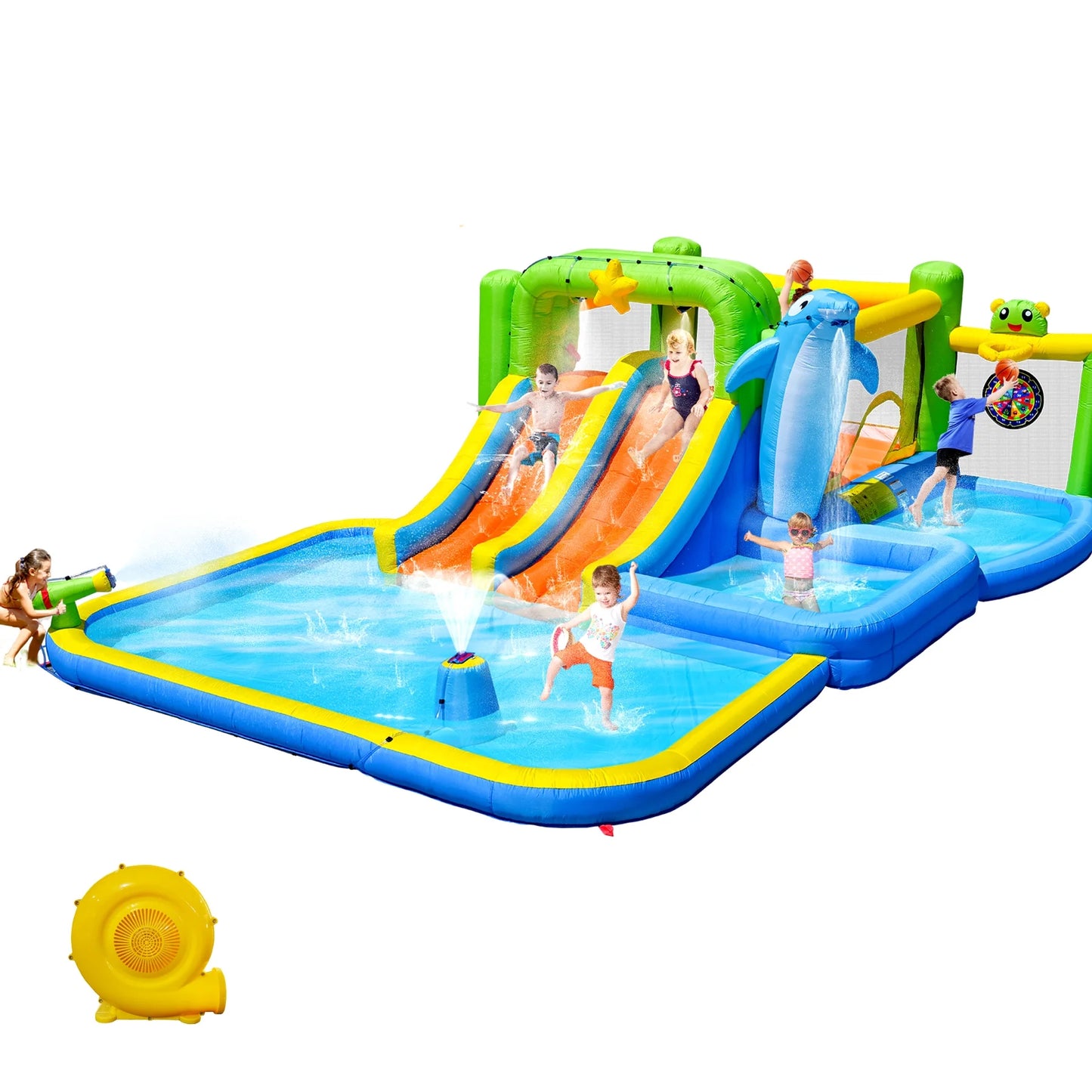 HNH Inflatable Water Park Double Slide Bouncy House with Splash Pool, Water Gun, Basketball, Climbing Wall, Dual Pools for Outdoor Party, Ages 3-12