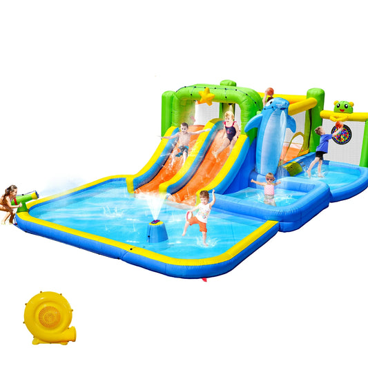 HNH Inflatable Water Park Double Slide Bouncy House with Splash Pool, Water Gun, Basketball, Climbing Wall, Dual Pools for Outdoor Party, Ages 3-12
