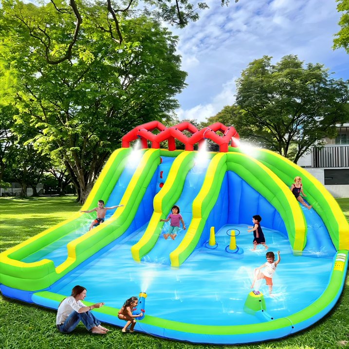 HNH Inflatable Water Three Slides Park, 7 in 1 Bounce House with Water Gun Sprinkler Fountain Climbing Wall, Jumping Castle with Air Blower