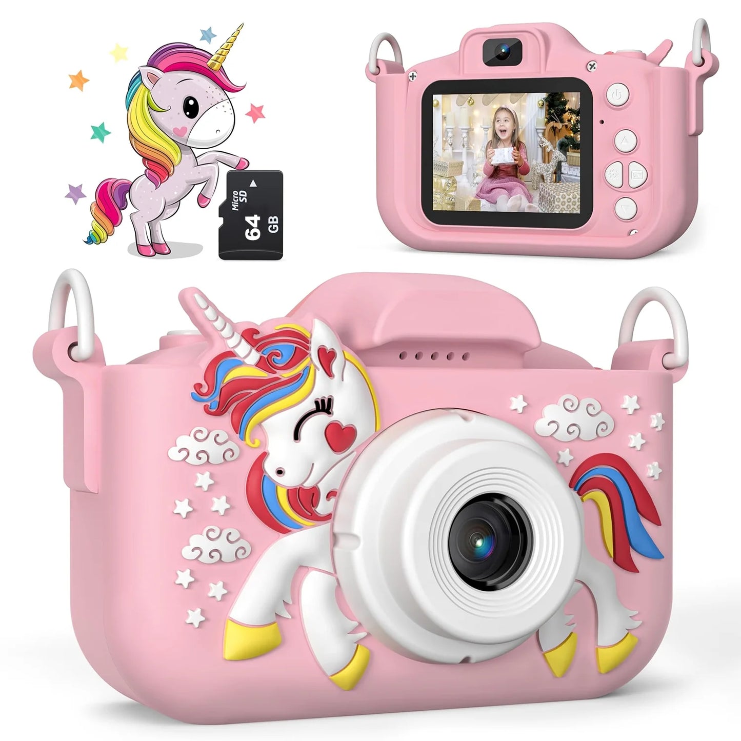 Kids Camera Toys for Girls Age 3-10, Unicorn Kids Digital Camera Toddler Camera with 64GB SD Card,1080P HD Video Camera Children Birthday Gifts-Pink