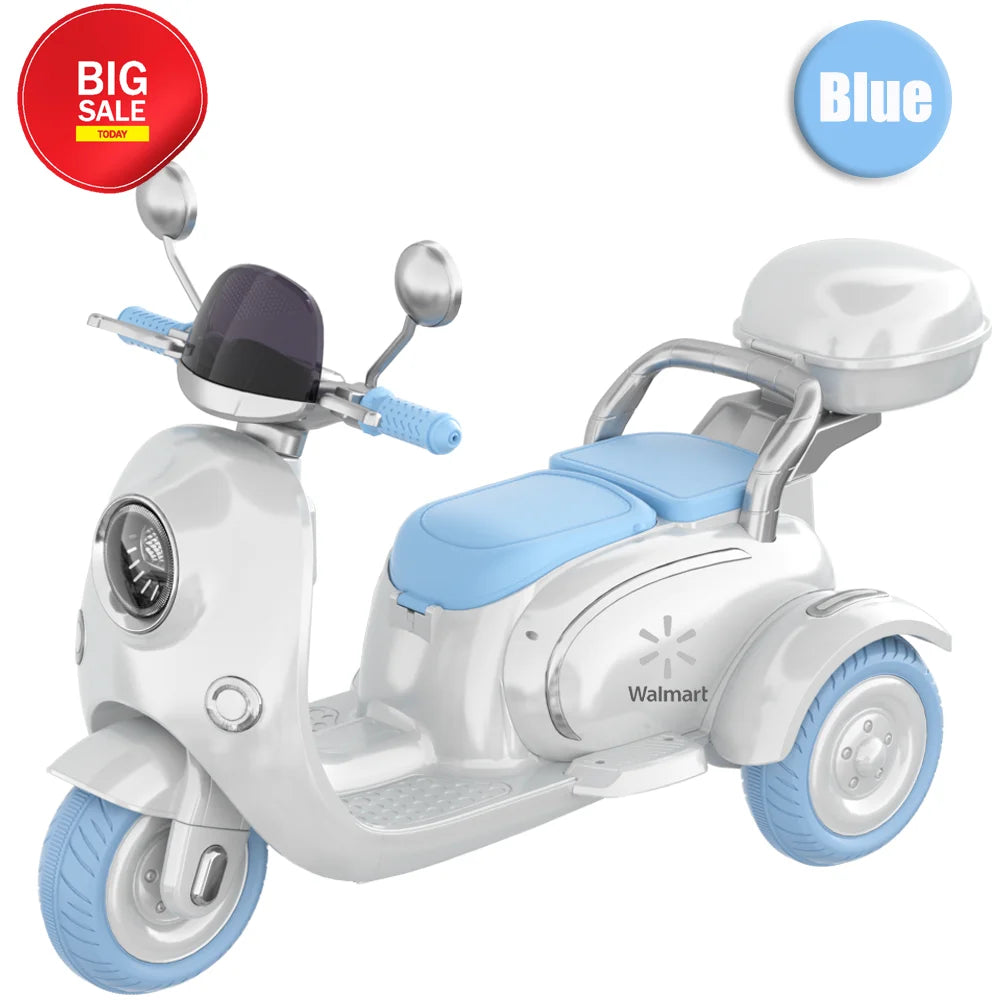 HNH Kids Motorcycle 2 Seats, 12V Ride On Electric Motorcycle, 3 Wheels Kids Motorbike with USB, Bluetooth, Light, Storage Box, Motorcycle for Kids Aged 2-6, Blue