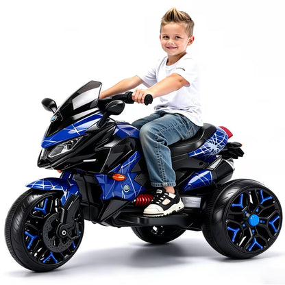 HNH Kids Motorcycle for 3-6 Year old, 3-Wheels Ride On Motorcycle, 12V Battery Powered Motorbike with PU Seat, Training Wheels/Manual Throttle/Lighting Wheels/Wireless